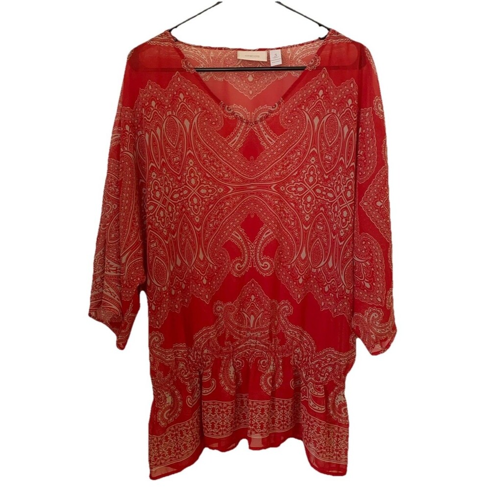 Chicos Size 3 Top Womens XL Red Paisley V Neck Elastic Waist 3/4 Sleeve Sheer